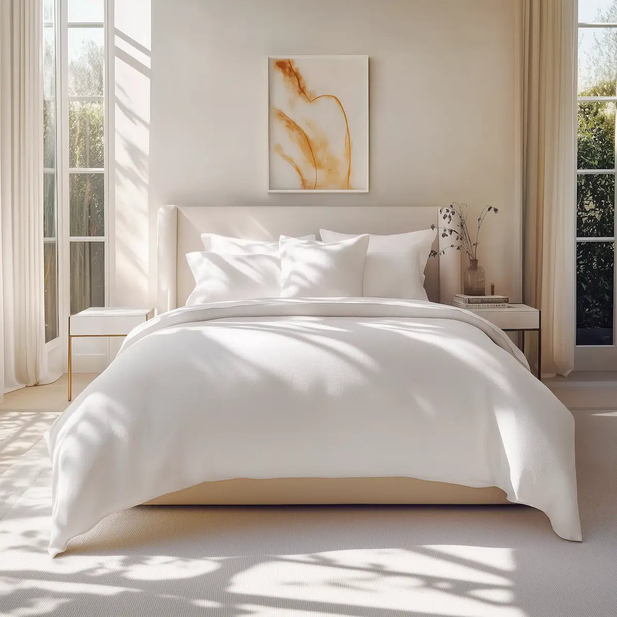 Die Bio Baumwolle Bettwäsche in Weiß in einem stilvollen Schlafzimmer aufgezogen auf ein Bett.