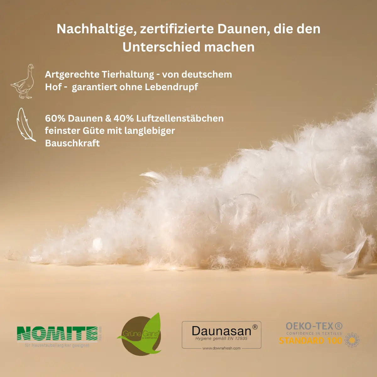 Hochwertige Daunen mit Luftzellenstäbchen für ein Schlafgefühl wie auf Wolken