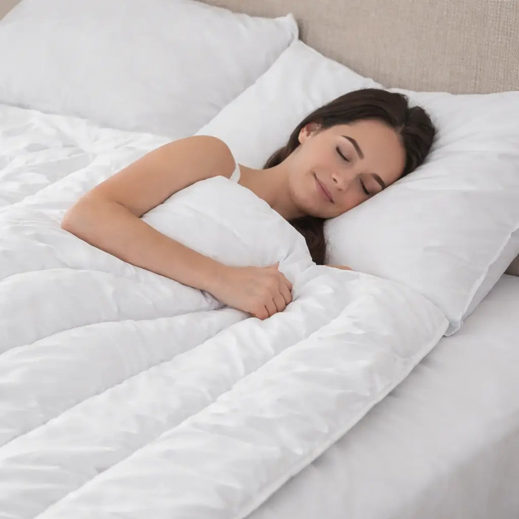 Frau schläft unter Kamelhaardecke – natürliches Schlafklima mit Kamelhaar