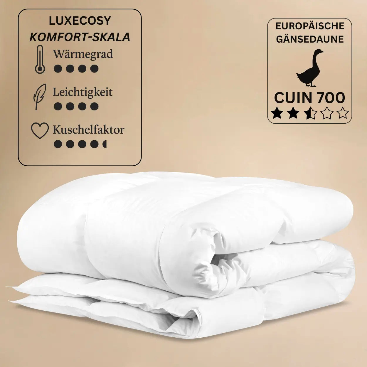 Luxe Daunendecke mit 90 % Daunenfüllung und 10 % Federn, handgefertigt in Deutschland