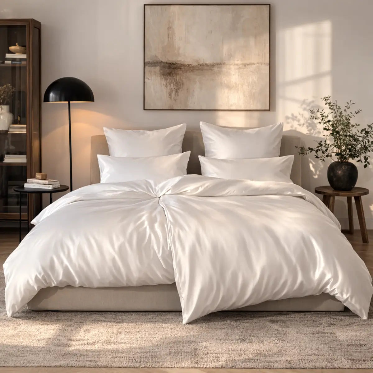 Elegantes Schlafzimmer mit Mako-Satin Bettwäsche Weiß, zeitlos und modern