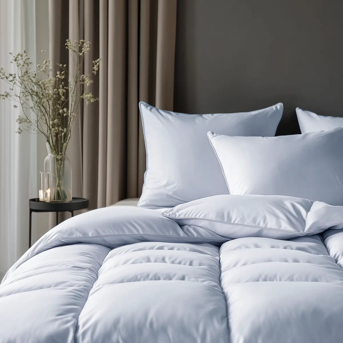 Premium Daunendecke aus 100 % Wildente Typ Eiderdaunen auf einem stilvoll dekorierten Bett, ideal für exklusiven Schlafkomfort