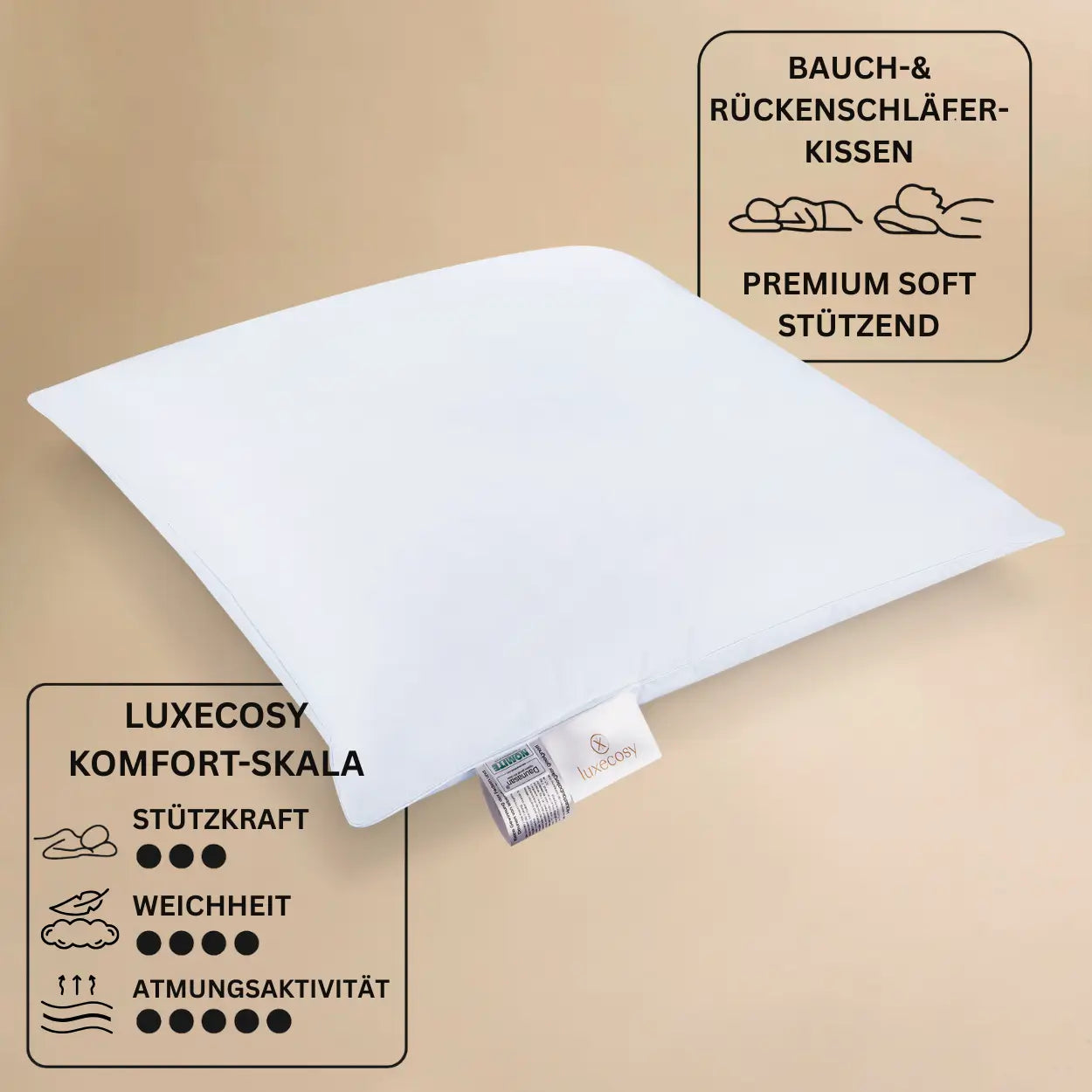 Premium 3-Kammer Kopfkissen 80x80 cm gefüllt mit extrem Bauschkräftigen 100% ark. Wildenten Typ Eiderdaune.