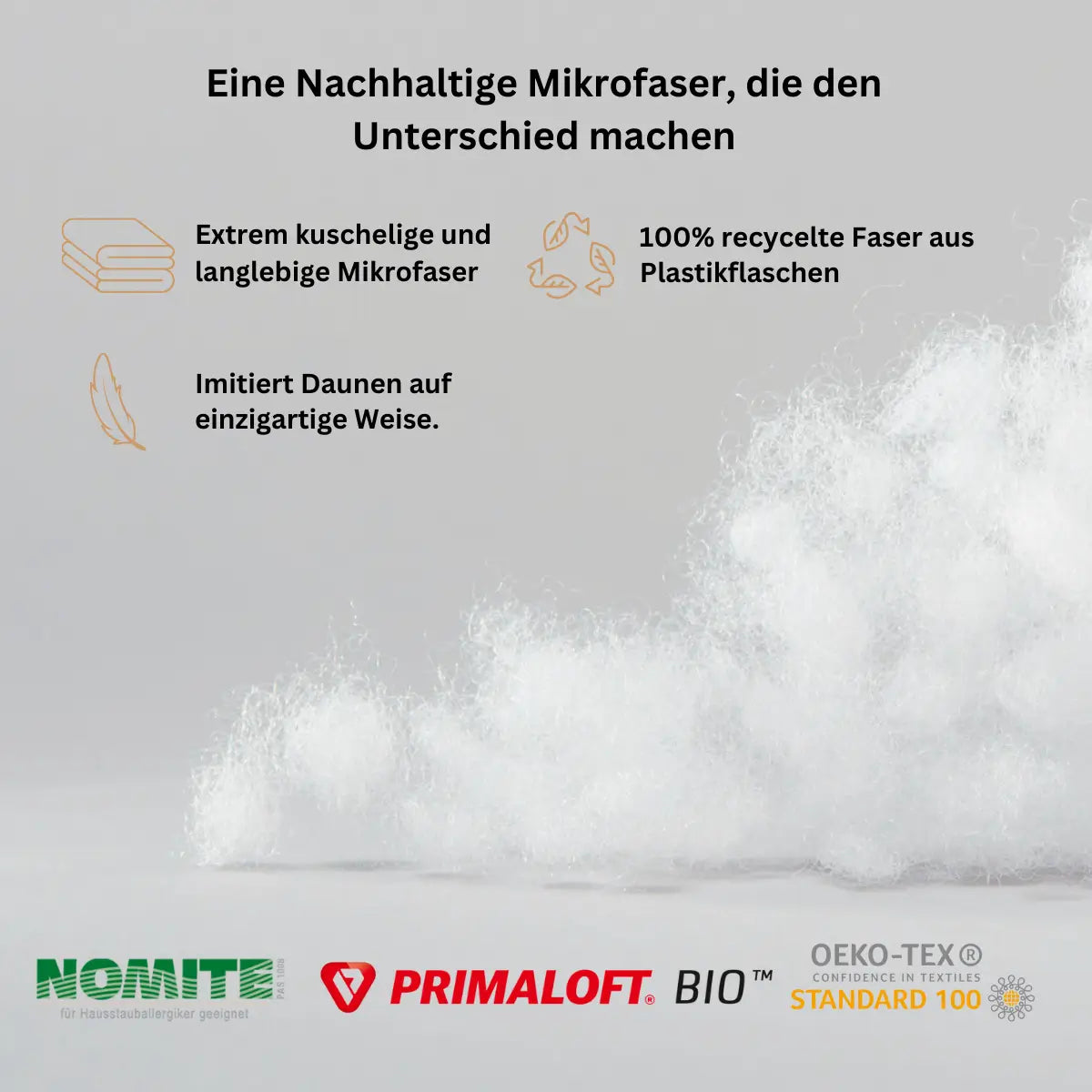 Nahaufnahme der nachhaltigen, recycelbaren PrimaloftBio Mikrofaser Füllung, weich und leicht für erholsame Nächte.