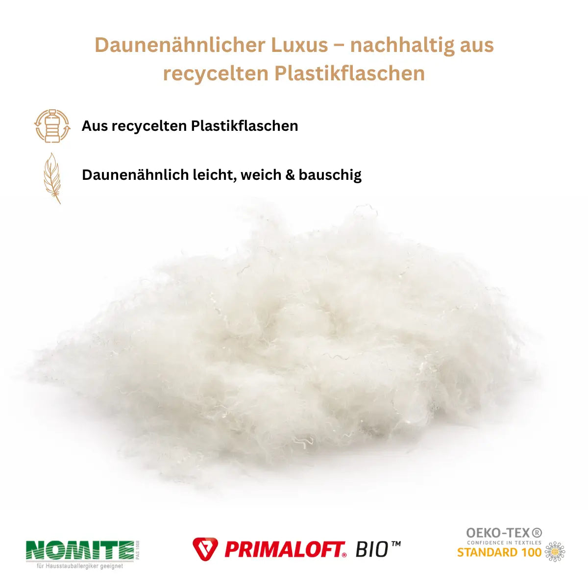 Nahaufnahme der nachhaltigen, recycelbaren PrimaloftBio Mikrofaser Füllung, weich und leicht für erholsame Nächte.