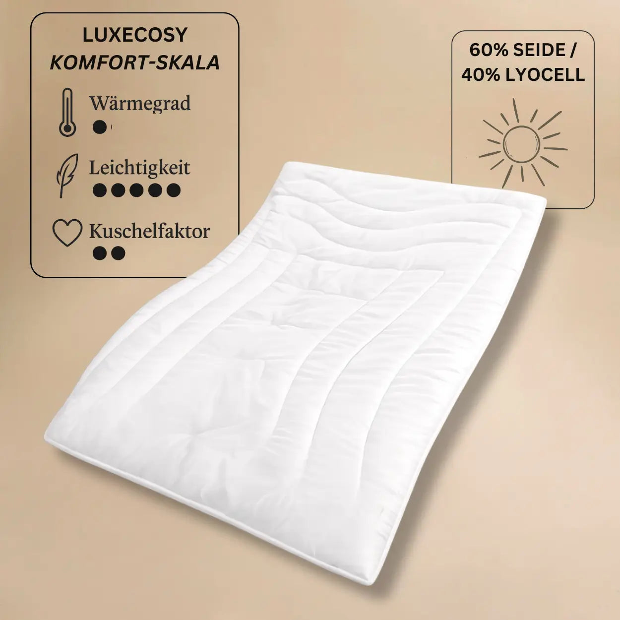 Luxecosy Sommerdecke aus 60 % Wildseide und 40 % Lyocell auf Bett – luxuriös leichte Bettdecke für warme Nächte