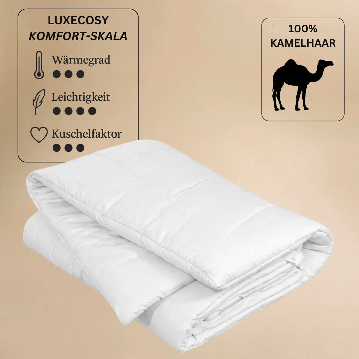 Kamelhaardecke von Luxecosy mit Komfort-Skala, natürlich temperaturausgleichend, leicht und kuschelig