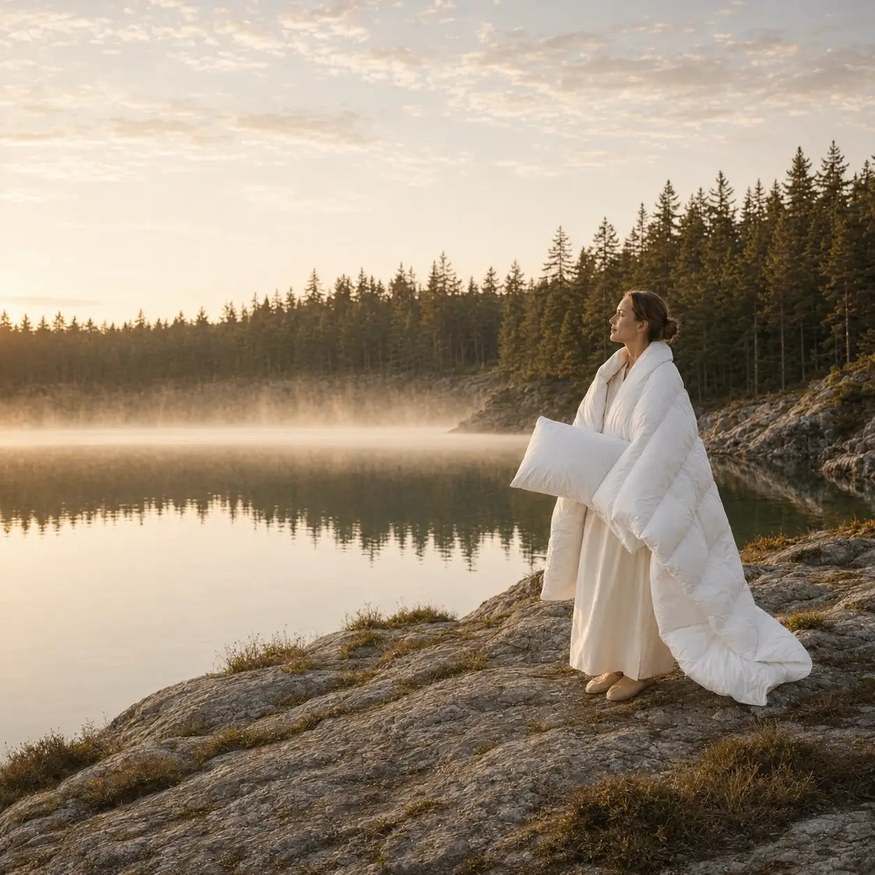 Frau mit weißer Luxus Daunendecke und Kissen an einem Waldsee bei Sonnenaufgang