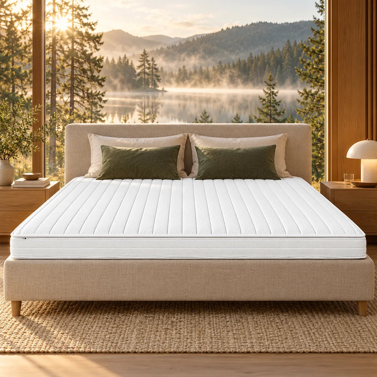 LuxeCosy Naturlatex Topper auf einem Hotelbett am See
