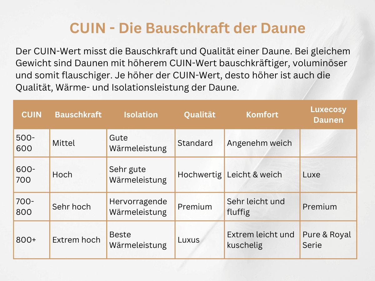 Darstellung der CUIN-Bauschkraft der hochwertigen Daunen von Luxecosy, die für außergewöhnliche Füllkraft, Wärmeisolation und luxuriösen Komfort in Bettwaren sorgt.