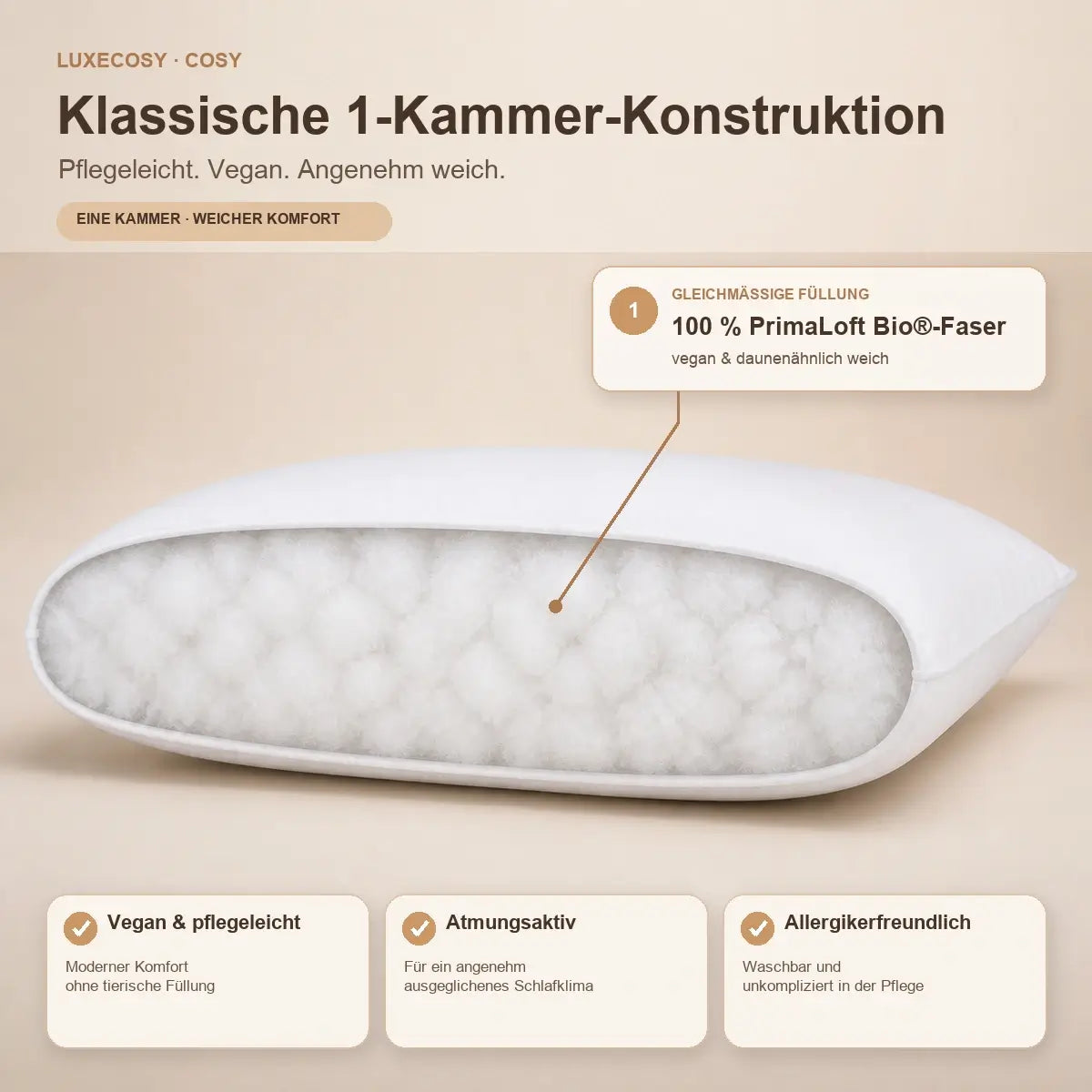 Infografik zum 1-Kammer-Aufbau des Cosy PrimaLoft Bio Kissens