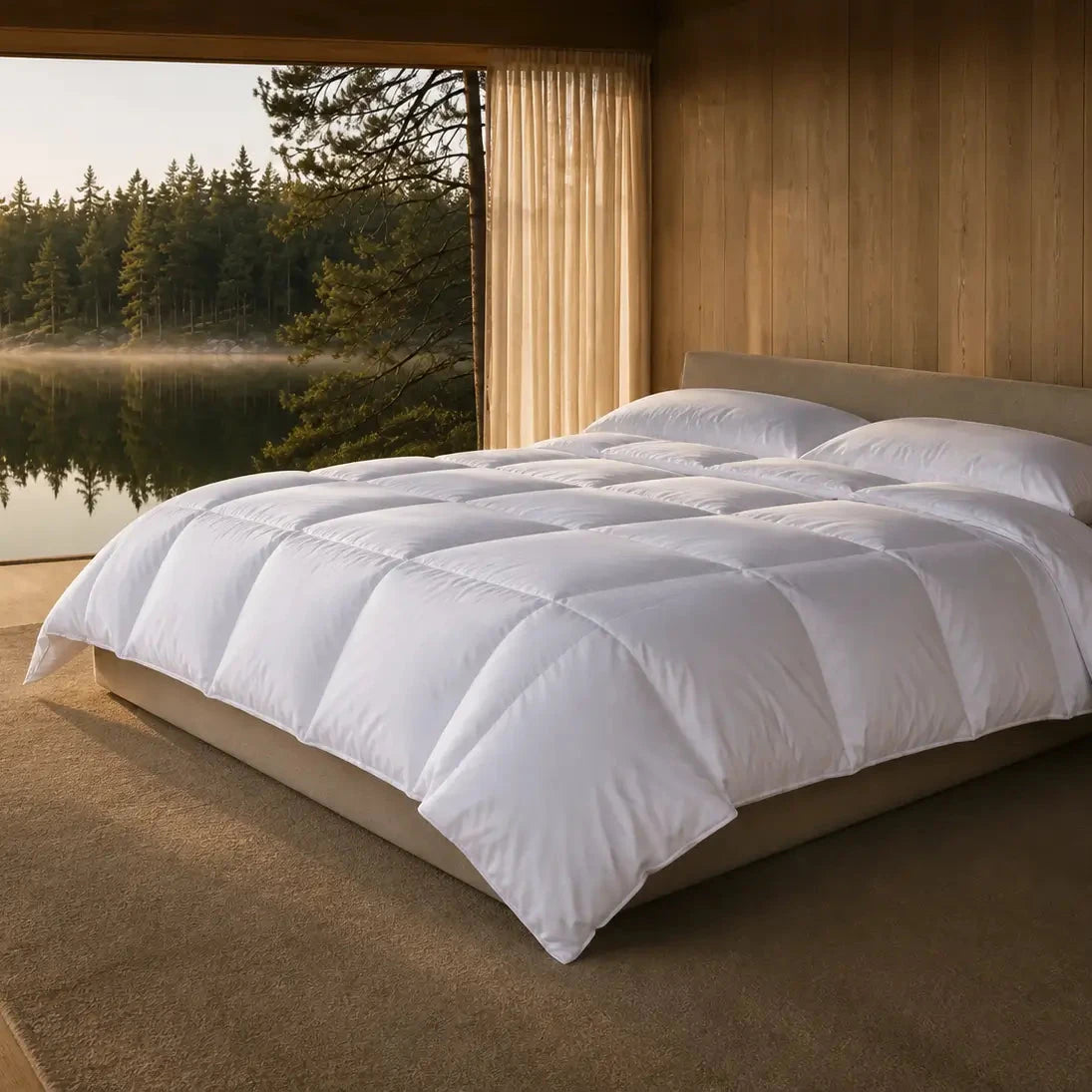 Unsere vegane Primaloft Bio Mikrofaser Decke als perfekter Daunenersatz auf einem Bett.