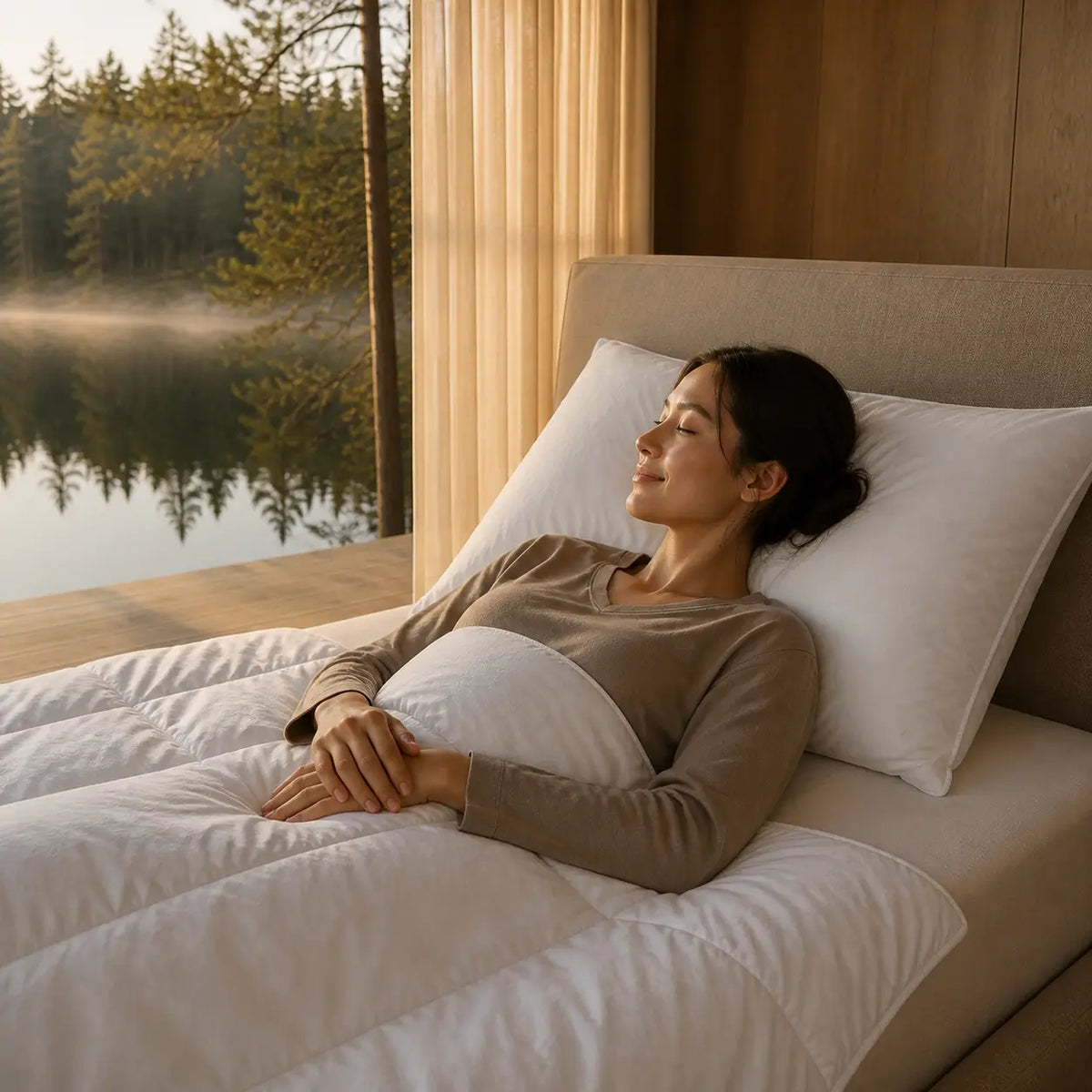 Frau mit Cosy PrimaLoft Bio Mikrofaser-Kissen auf einem Bett