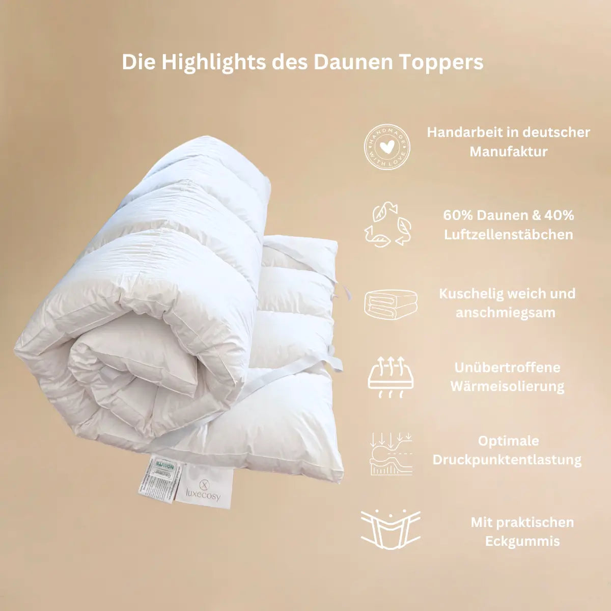 Unser Daunen Topper bietet eine luxuriöse Schicht aus Komfort und Unterstützung. 60% Daune / 40% Faser