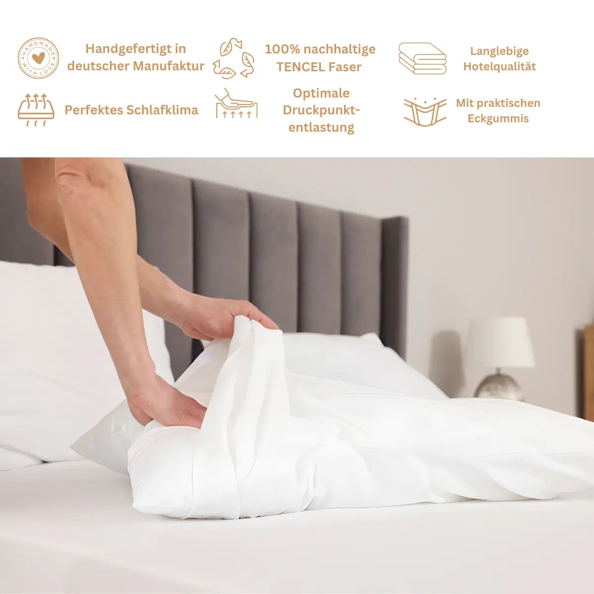 Luxecosy Kissenschoner aus Tencel 80x80 – hypoallergen, feuchtigkeitsregulierend und atmungsaktiv.