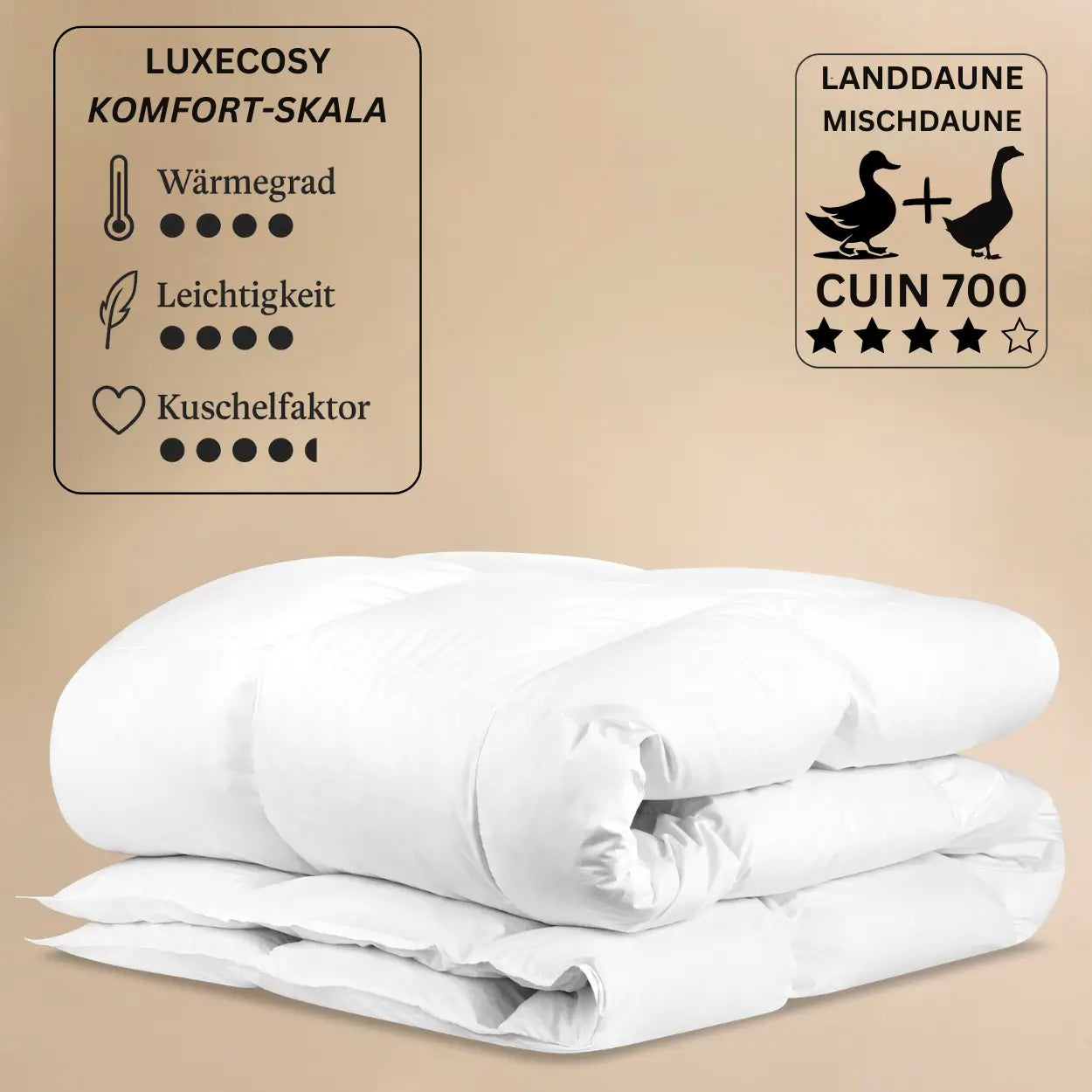 Luxe Daunendecke mit 90 % Daunenfüllung und 10 % Federn, handgefertigt in Deutschland