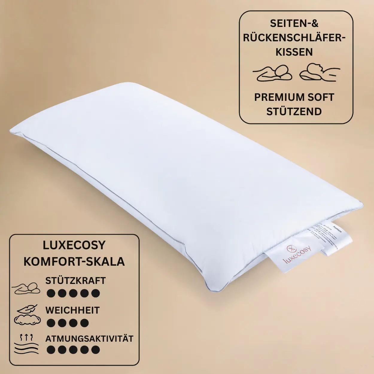 Premium 3-Kammer Daunenkissen mit weicher Füllung aus Wildente Typ Eiderdaune Daunen und Federn, perfektes Luxus-Kopfkissen