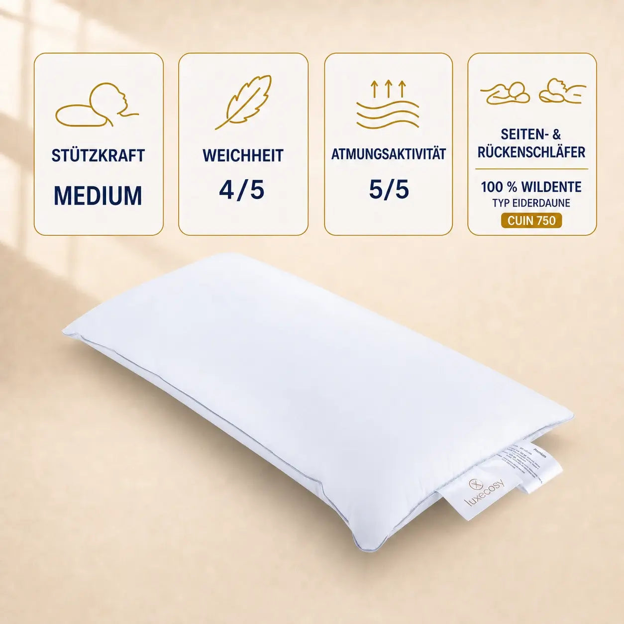 Premium 3-Kammer Daunenkissen mit weicher Füllung aus Wildente Typ Eiderdaune Daunen und Federn, perfektes Luxus-Kopfkissen