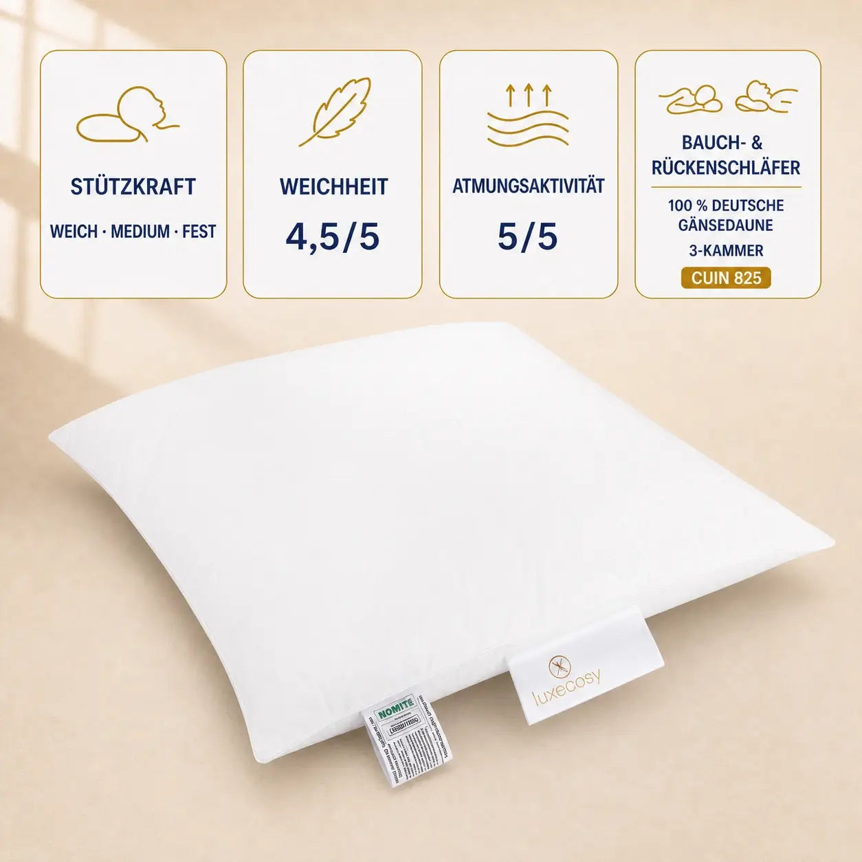 Das Pure 3-Kammer Daunenkissen in 80x80 cm gefüllt mit 100% Gänsedaunen - Perfekt für Bauch- und Mischschläfer.