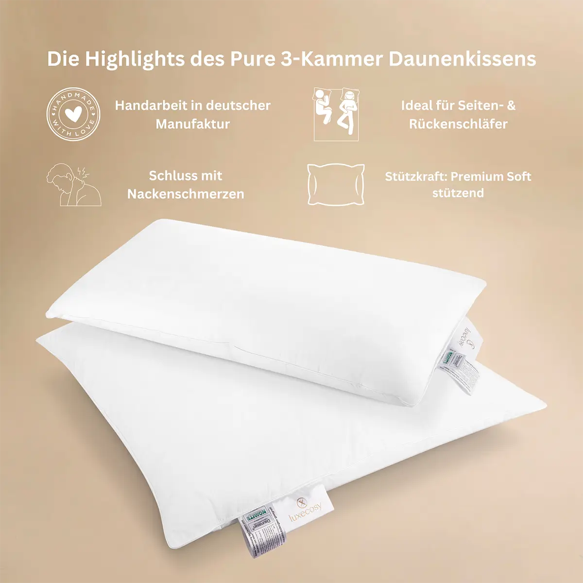 Die Highlights der Pure 3-Kammer Daunenkissen in 40x80 und 80x80 cm.