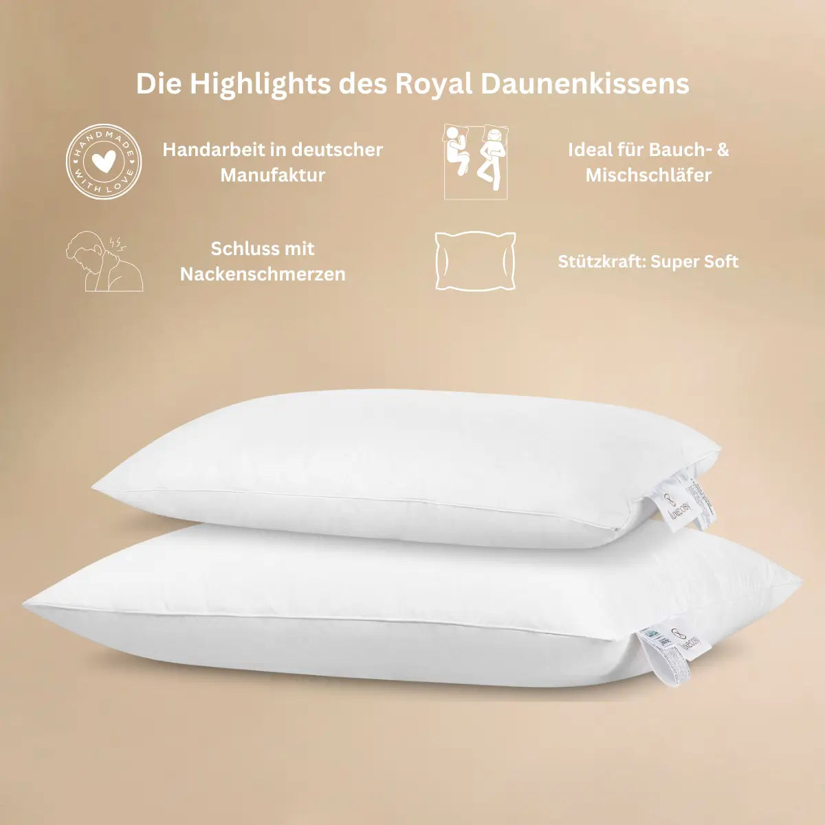 Royal Daunenkissen aus 100 % Gänsedaune, luxuriöses Kopfkissen für erholsamen Schlafkomfort