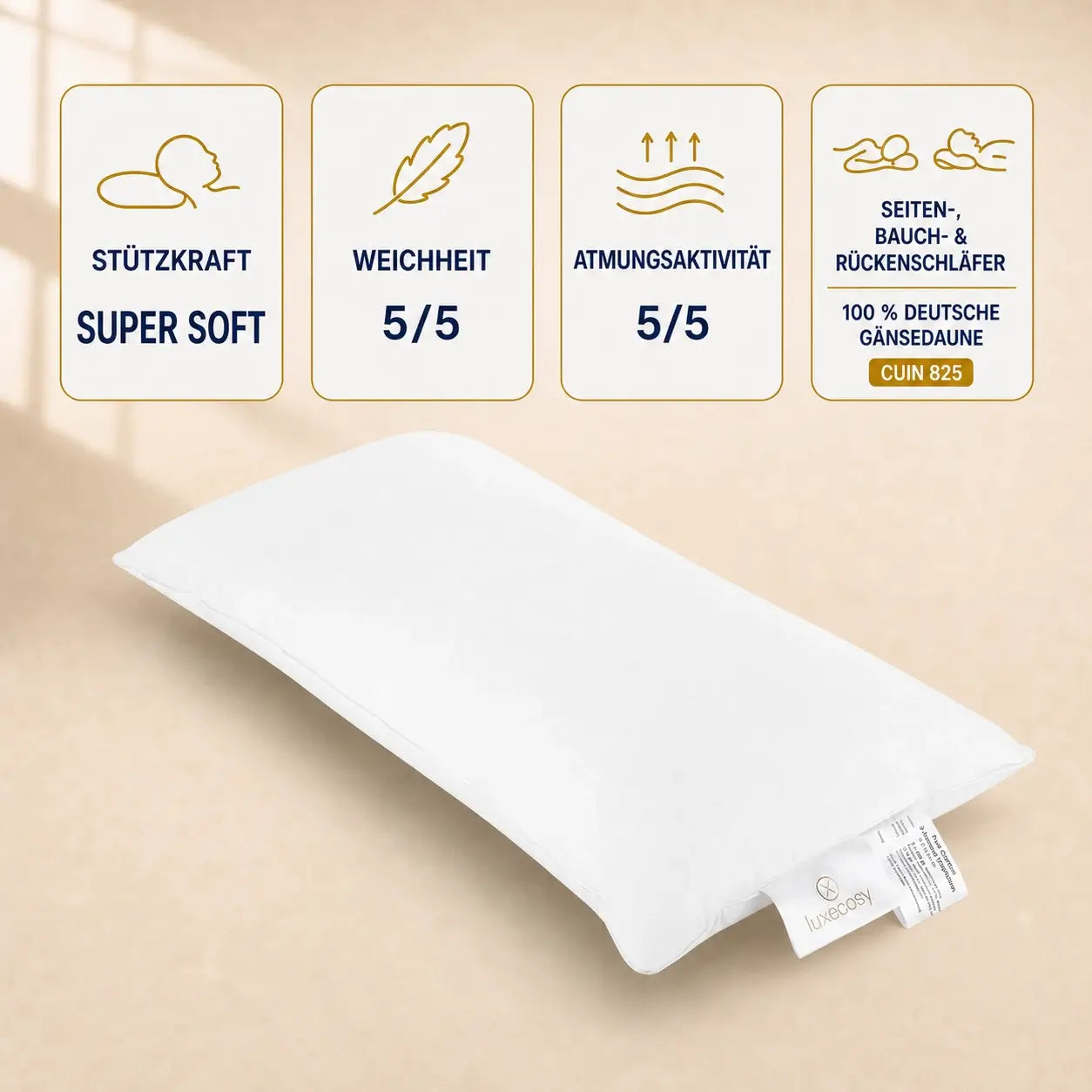 Royal Daunenkissen 40x80 cm aus 100 % Gänsedaune, luxuriöses Kopfkissen für erholsamen Schlafkomfort perfekt für Seitenschläfer.