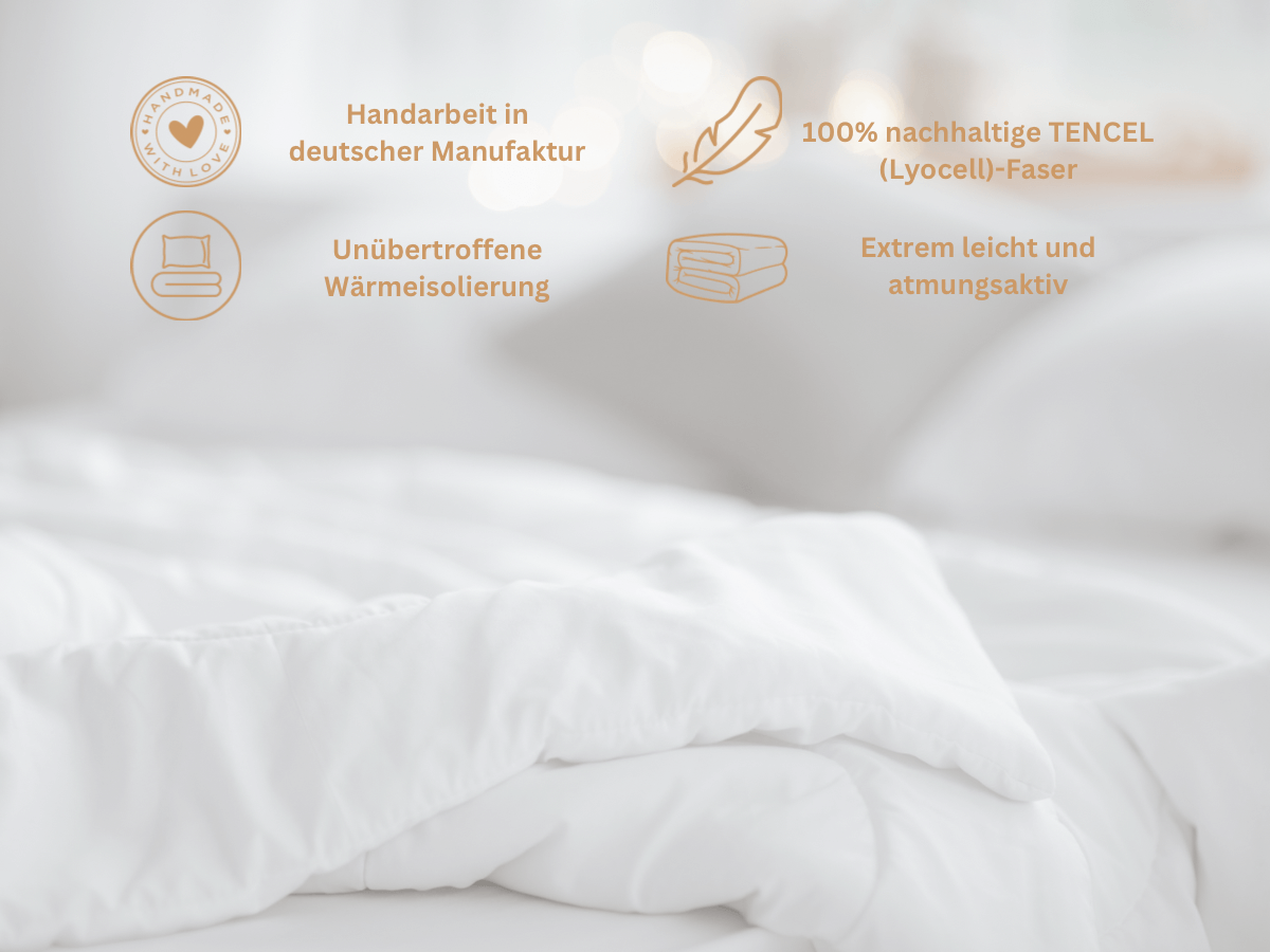 Luxecosy vegane Lyocell Bettdecke – hypoallergen, atmungsaktiv und umweltfreundlich. Sorgt für angenehme Wärme und komfortablen Schlaf das ganze Jahr über.”