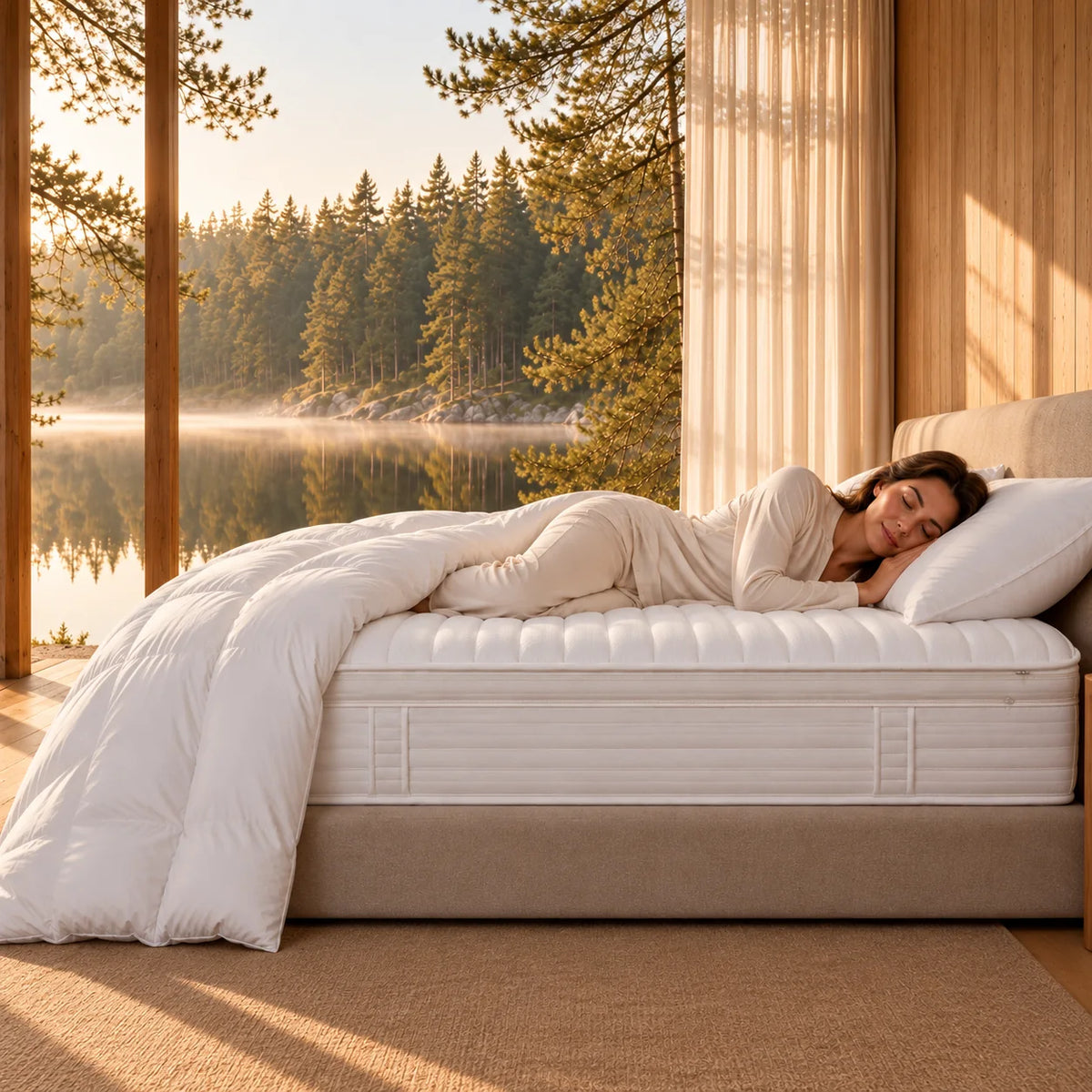 Frau in entspannter Seitenlage auf der LuxeCosy Hotelmatratze